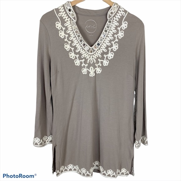 INC International Concepts Tops - INC International Concepts Taupe Embellished Pima Cotton V-Neck Top Large